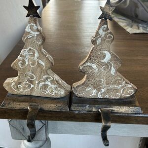 Wood and metal tree stocking holders, set of 2.